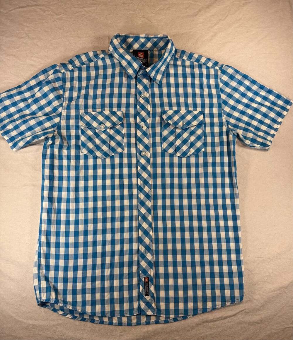 Southpole Short Sleeve Button-Up Shirt Size L Blue White Plaid Gingham